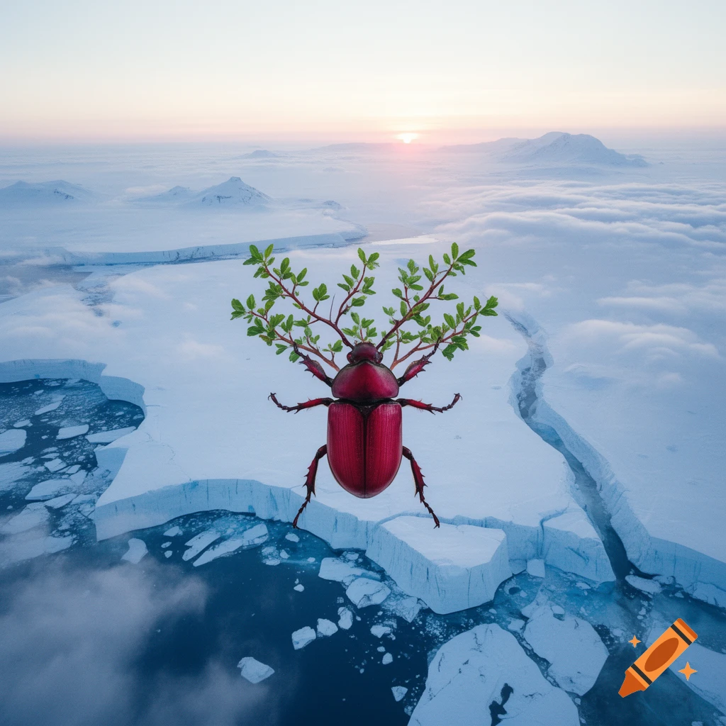 A photorealistic image of a giant red beetle with green leaves floating above an icy Antarctic landscape at sunset.