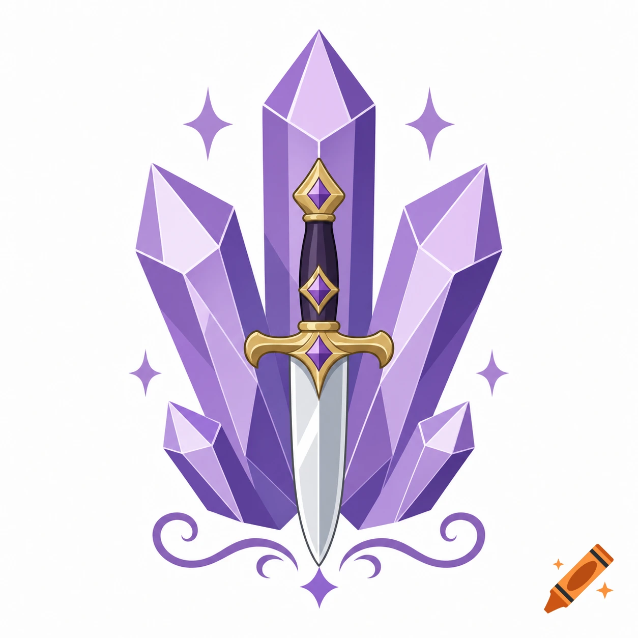 Vector art of a dagger with a gold hilt, centered among purple amethyst crystals and sparkles.