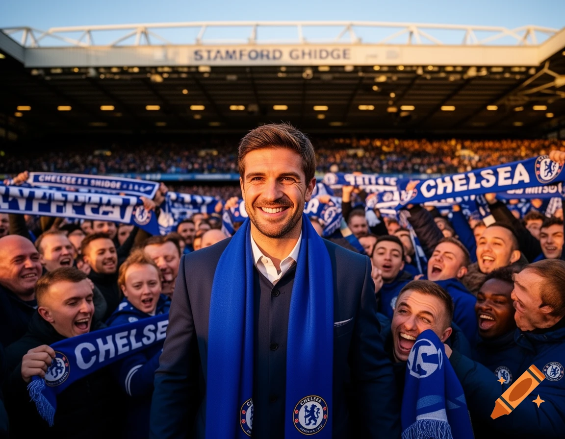 A man in a suit and blue Chelsea scarf smiles brightly amidst cheering Chelsea fans in a crowded stadium during the day, with the stadium name visible in the background.