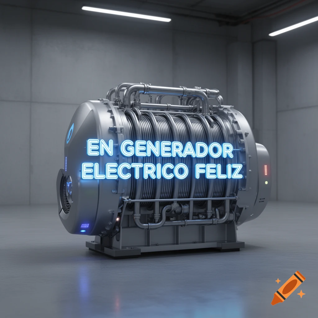 A large, metallic electric generator with glowing blue text 'EN GENERADOR ELECTRICO FELIZ' in an industrial setting.