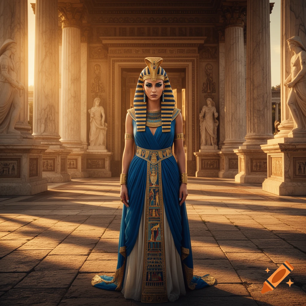 A majestic woman in a blue and gold Egyptian queen's dress and elaborate headdress stands before a grand classical palace with columns.