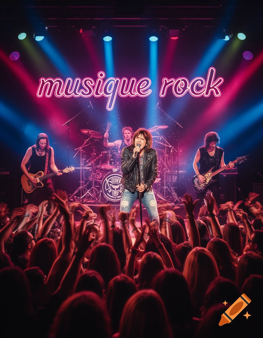A rock band performs on stage under neon 'musique rock' lights, with a singer holding a microphone and a cheering crowd.