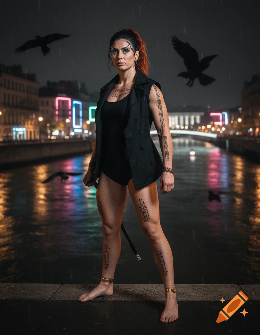 A woman with red hair and tattoos on her limbs and chest stands barefoot on a stone bridge at night. Ravens fly above a river with city lights reflecting in the rain.