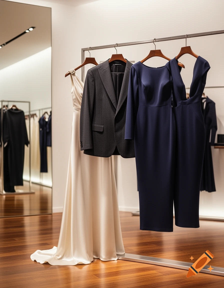 A cream-colored gown, a dark grey suit jacket, and two navy dresses hang on a rail in a brightly lit clothing store with a wooden floor.