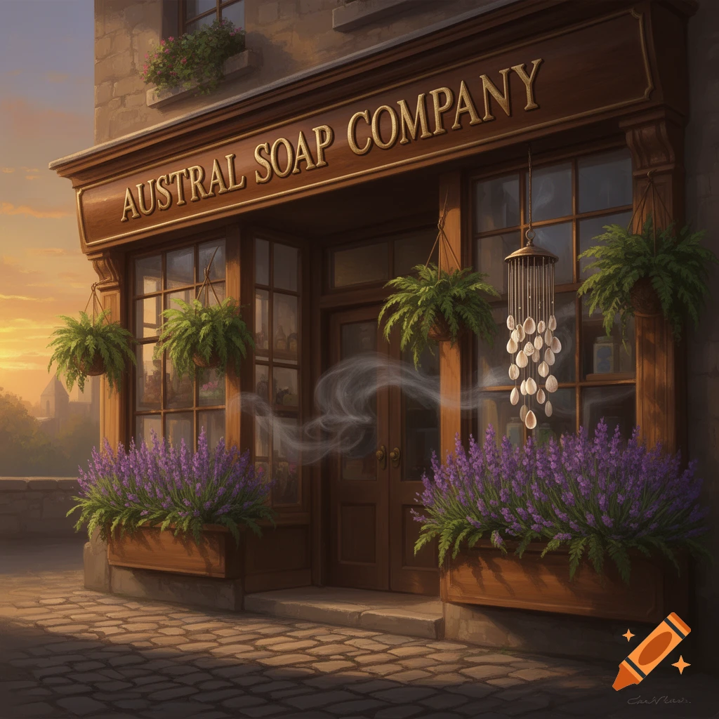 An illustrated shopfront with 'AUSTRAL SOAP COMPANY' sign, lavender planters, hanging ferns, and a wind chime.