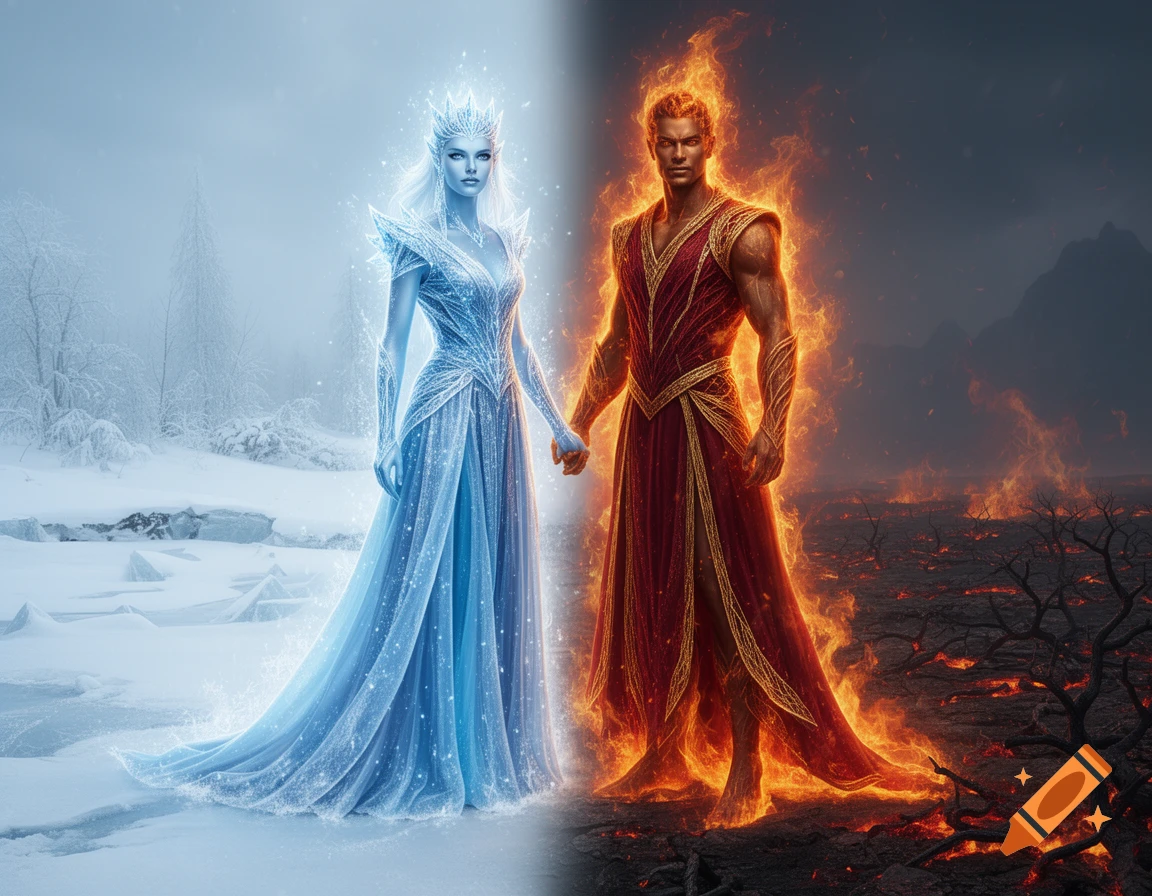 Fantasy artwork of an ice queen and fire king holding hands, separated by snowy and fiery landscapes.
