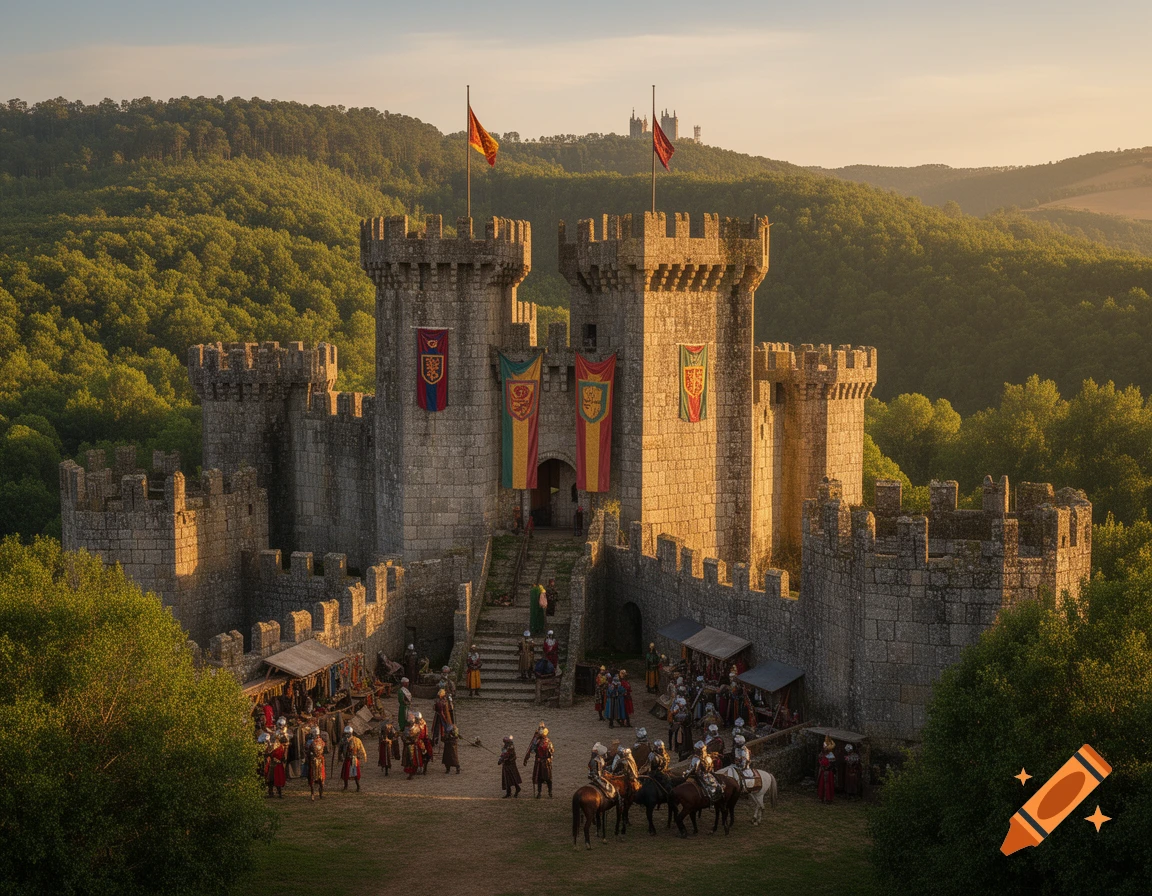 A majestic medieval stone castle, surrounded by green forests, with people and horses in the courtyard at sunset.