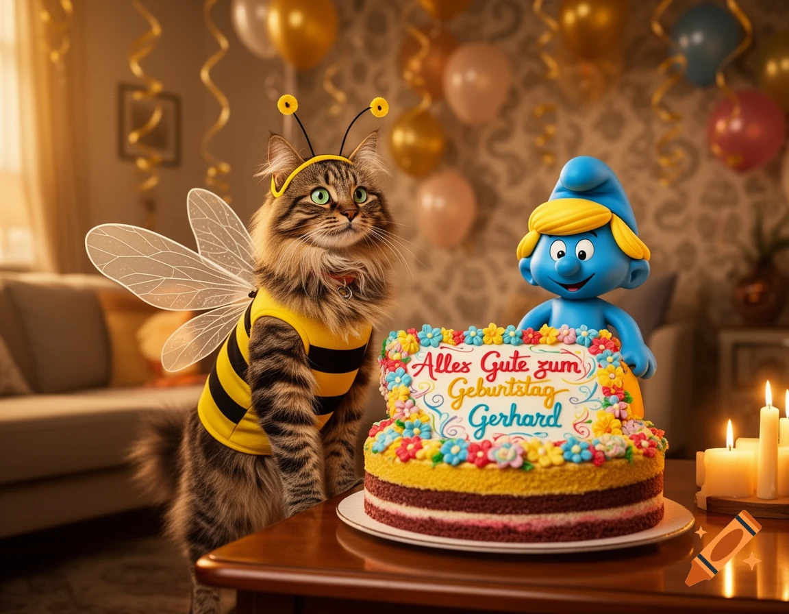 A fluffy cat in a yellow and black bee costume stands next to a birthday cake with a blue Smurf figure. The cake reads 'Alles Gute zum Geburtstag Gerhard'. Balloons in the background.