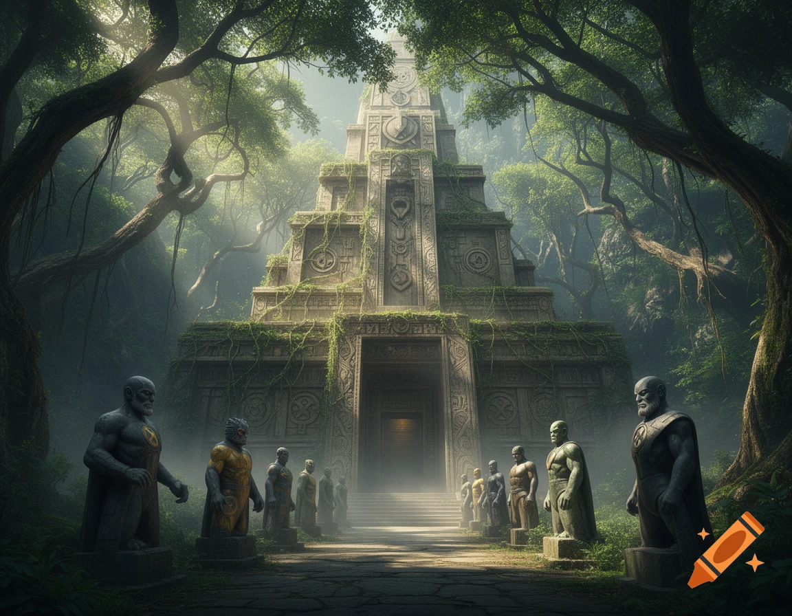 An ancient, moss-covered temple in a misty jungle, flanked by a line of superhero-like statues, some bearing X-Men symbols.