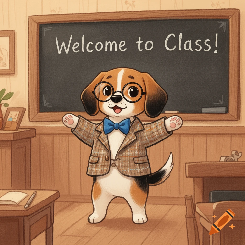 A cute cartoon beagle teacher in glasses and a tweed jacket stands in a classroom, with "Welcome to Class!" on the blackboard.