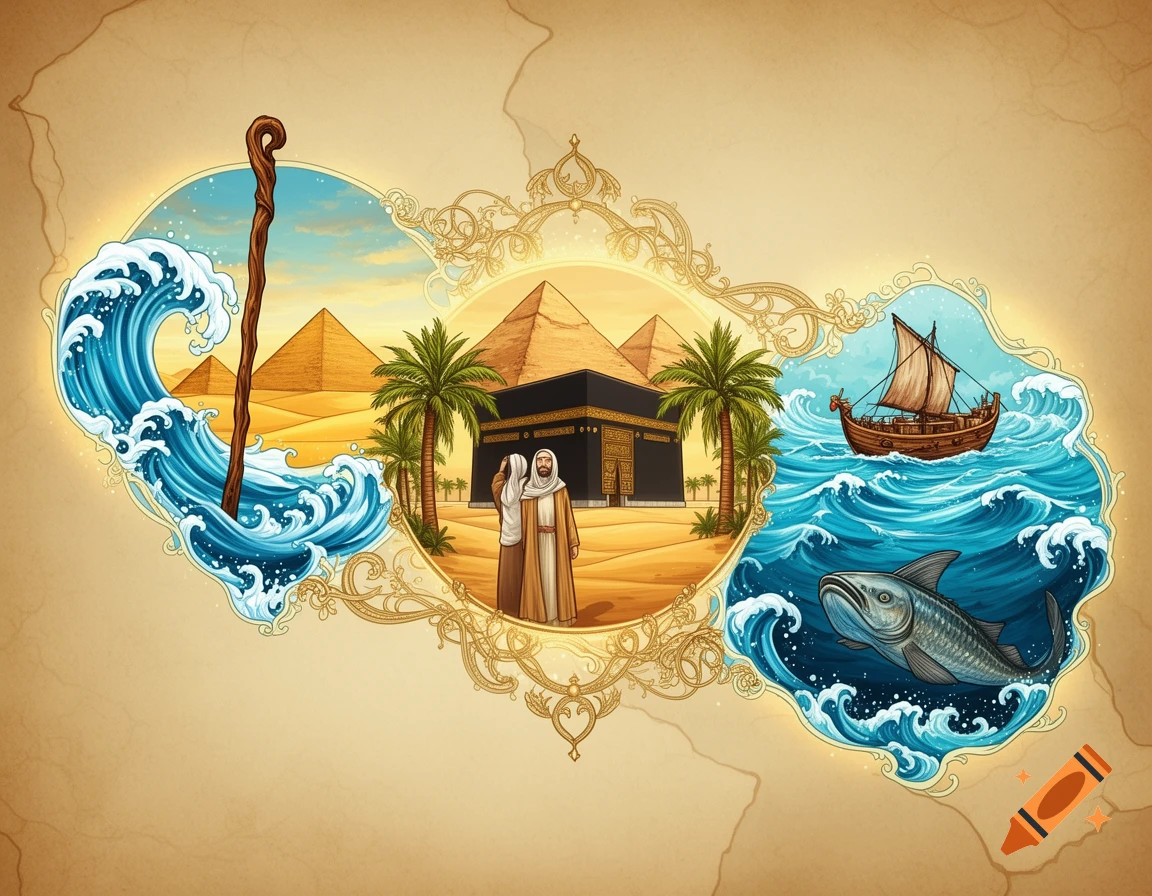 Stylized illustration of three scenes: a staff in waves near pyramids, two men by the Kaaba, and a boat with a large fish in waves.