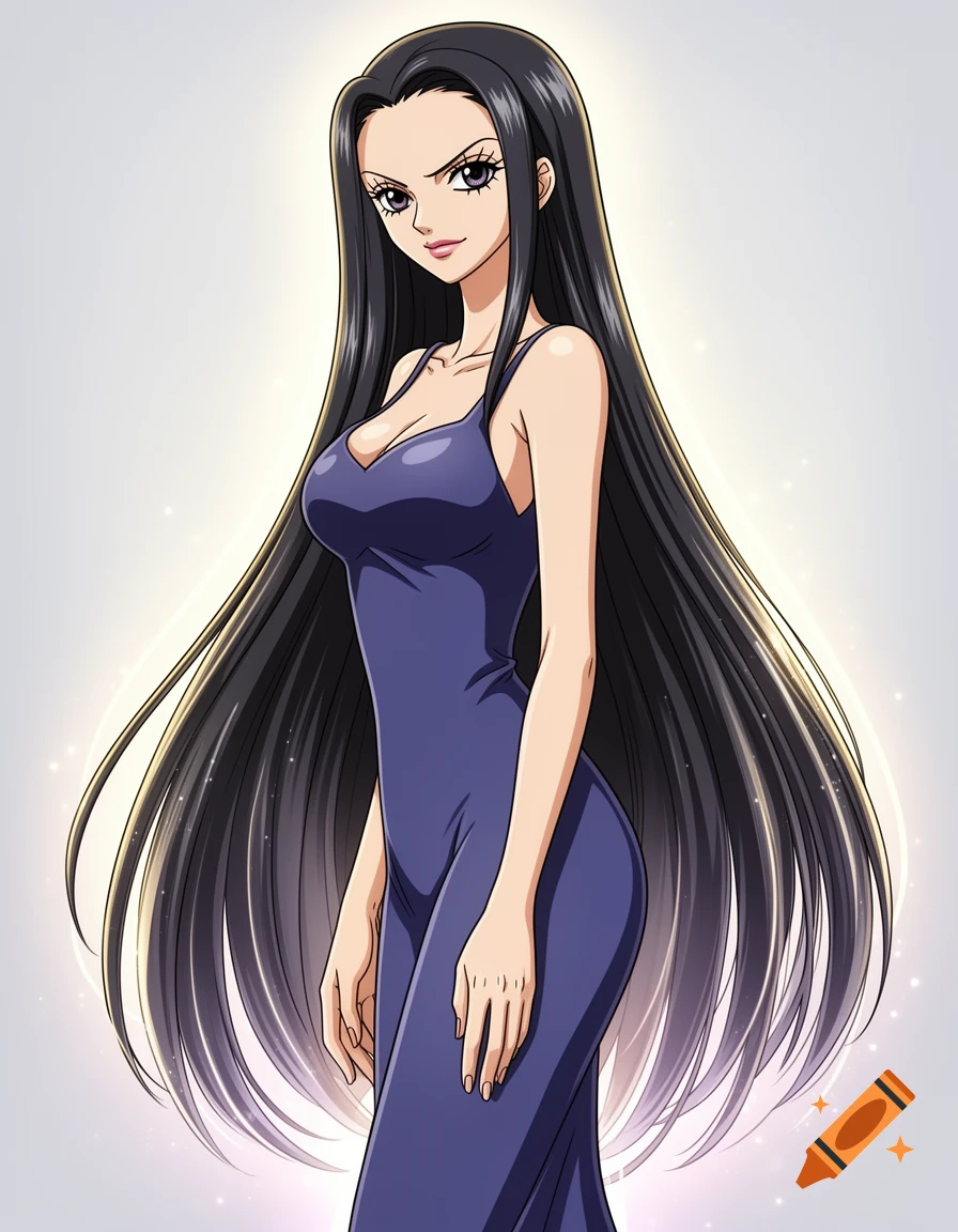 Anime depiction of Nico Robin from One Piece, a woman with long black hair wearing a form-fitting dark purple dress, standing at an angle.
