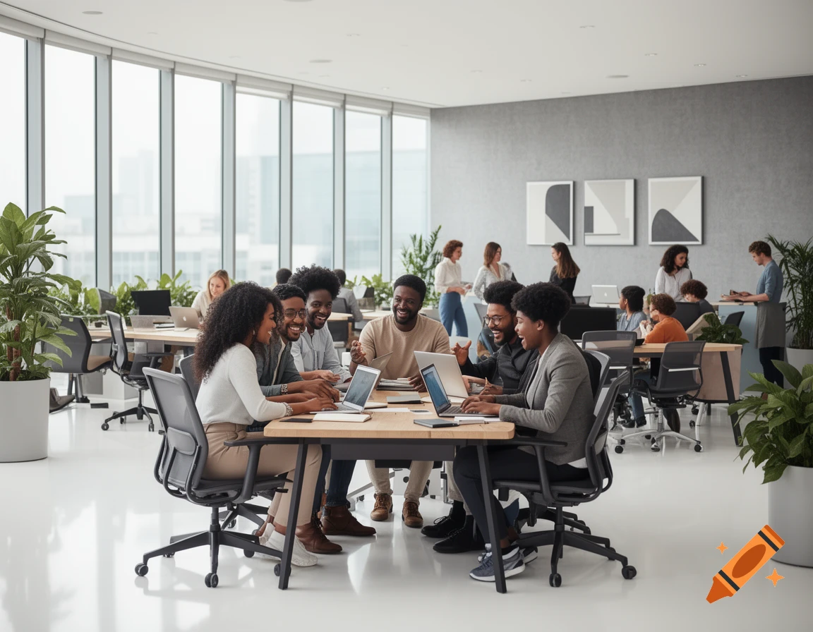 Diverse group of people collaborating and working on laptops in a modern, bright coworking office.