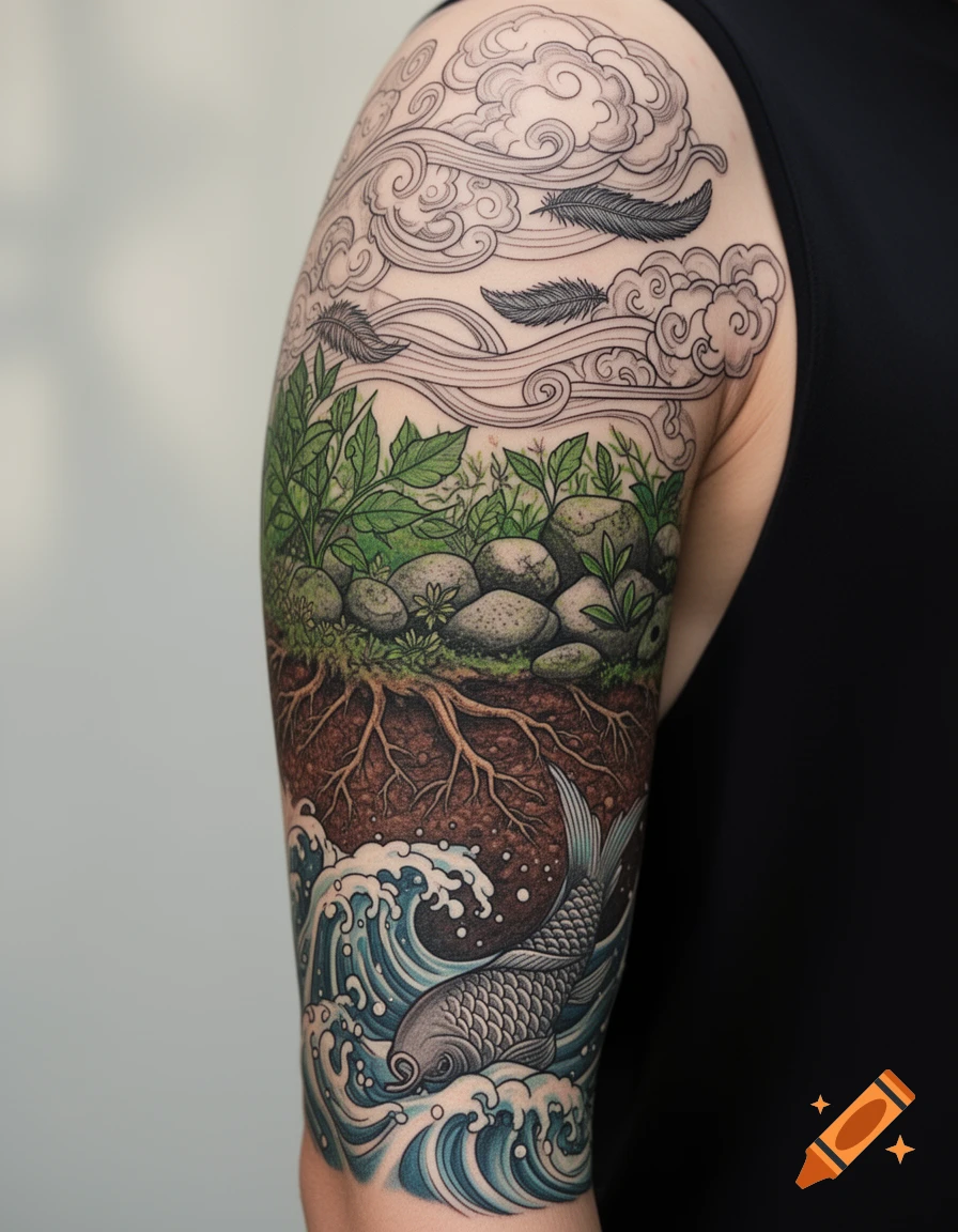 A detailed full-sleeve tattoo with a nature theme, showing clouds, grass, roots, and a fish in ocean waves.
