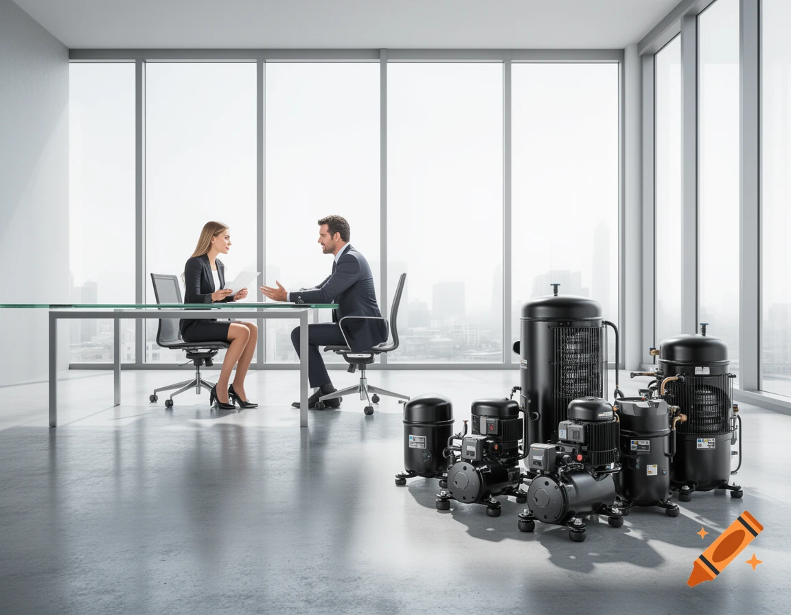 Photorealistic image of a manager and client discussing in a modern office with large windows, industrial refrigeration compressors on the floor.