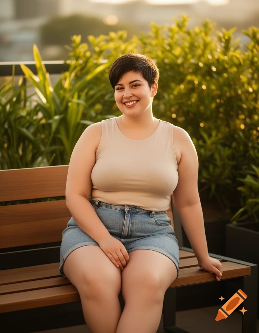 A smiling, confident plus-size woman with a pixie cut sits on a wooden bench on a sunny outdoor terrace, wearing a tank top and denim shorts.
