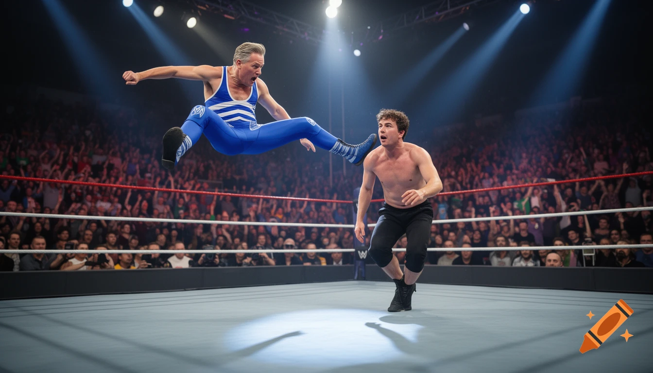 Two wrestlers in a ring: one in blue jumpsuit airborne for a dropkick on an opponent in black, surrounded by a cheering crowd.