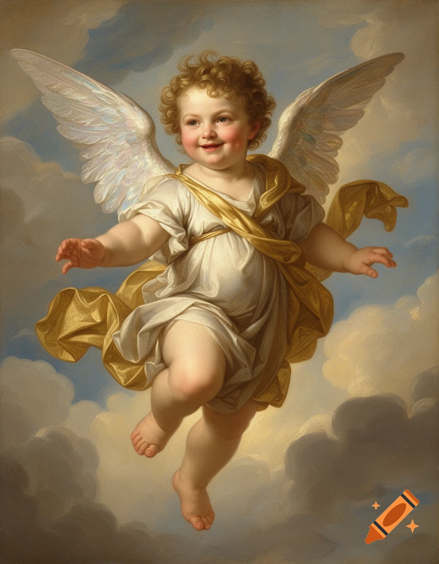 Renaissance painting of a smiling, curly-haired cherub with wings, floating in clouds.