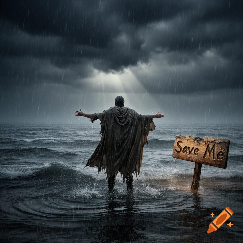 A person in ragged clothes stands in a stormy sea with arms outstretched, next to a wooden sign reading 'Save Me'.