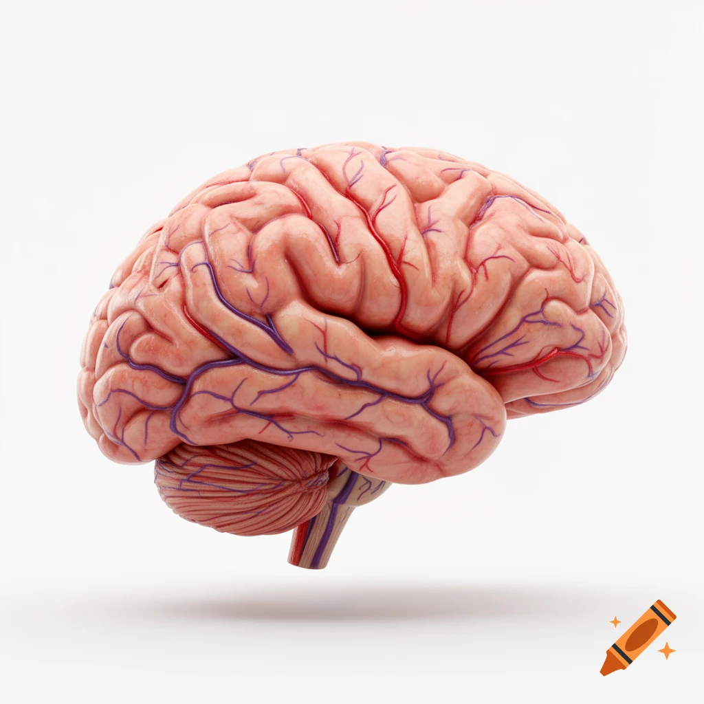 3D render of a realistic human brain, showing intricate folds and blood vessels, isolated on a white background.