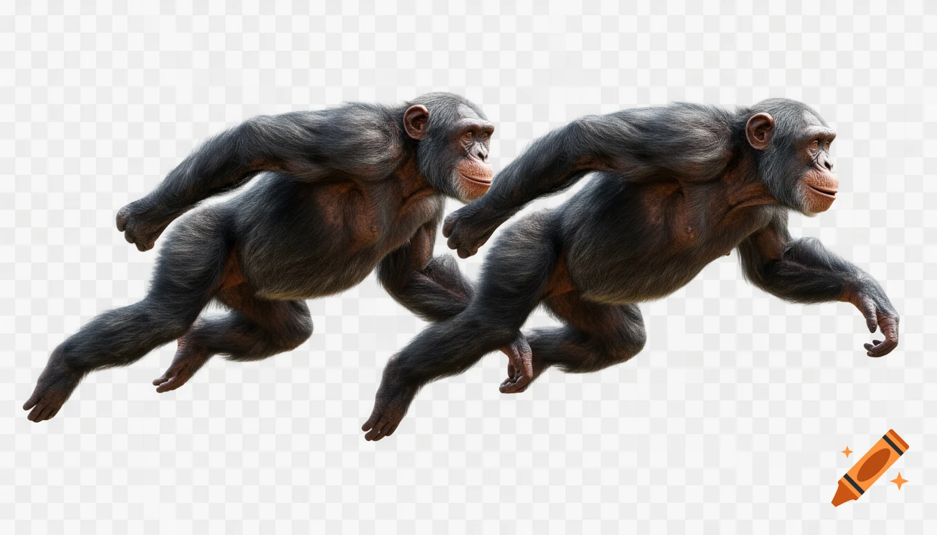 Two chimpanzees running in a side view against a transparent background.