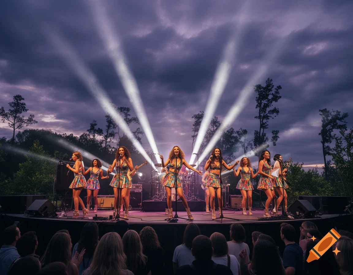 A women's band performs on an outdoor stage at dusk, illuminated by spotlights against a cloudy sky, with an audience in the foreground.