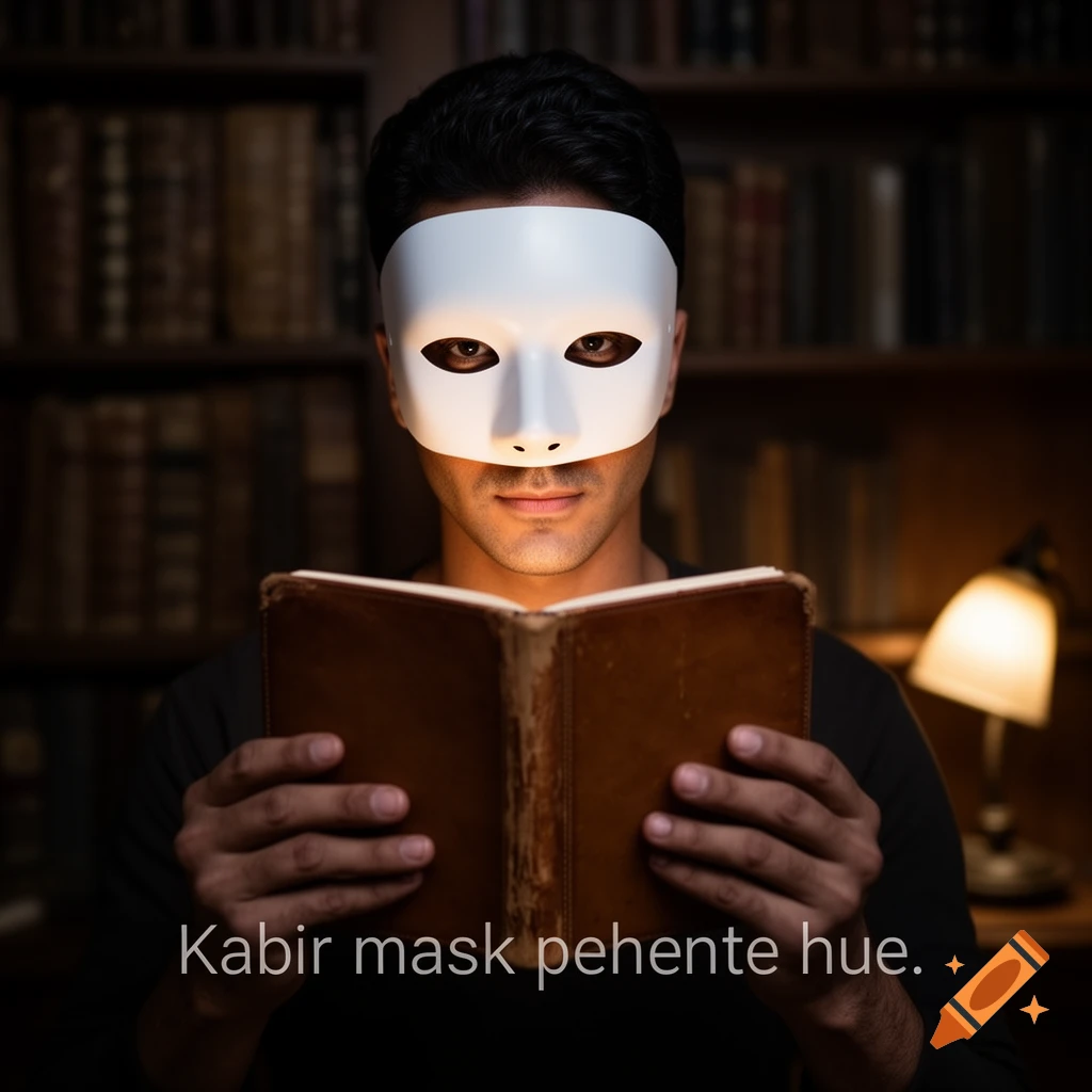 A man in a white mask, with a half-lit face, holds an open book in a dimly lit library. Text 'Kabir mask pehente hue.' is present.