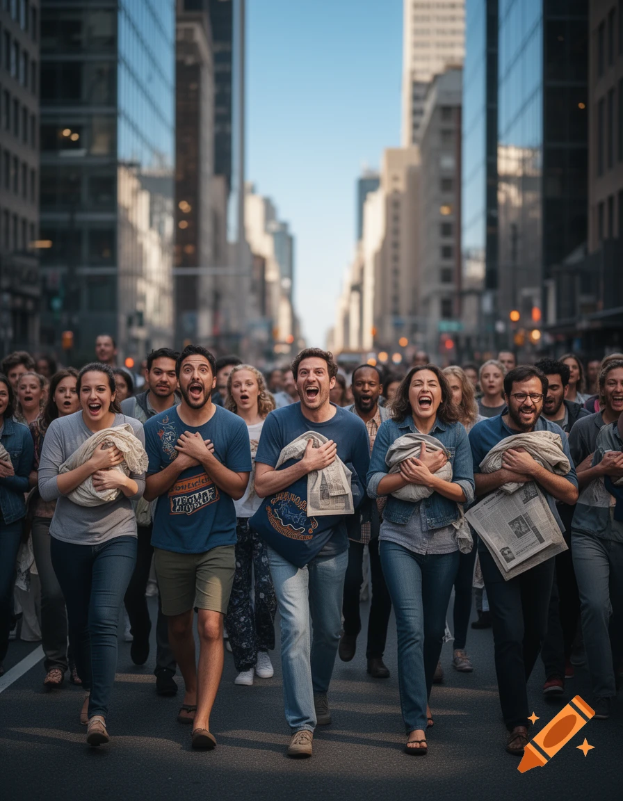 A diverse group of people with open mouths and arms crossed over chests walk down a city street, looking up.