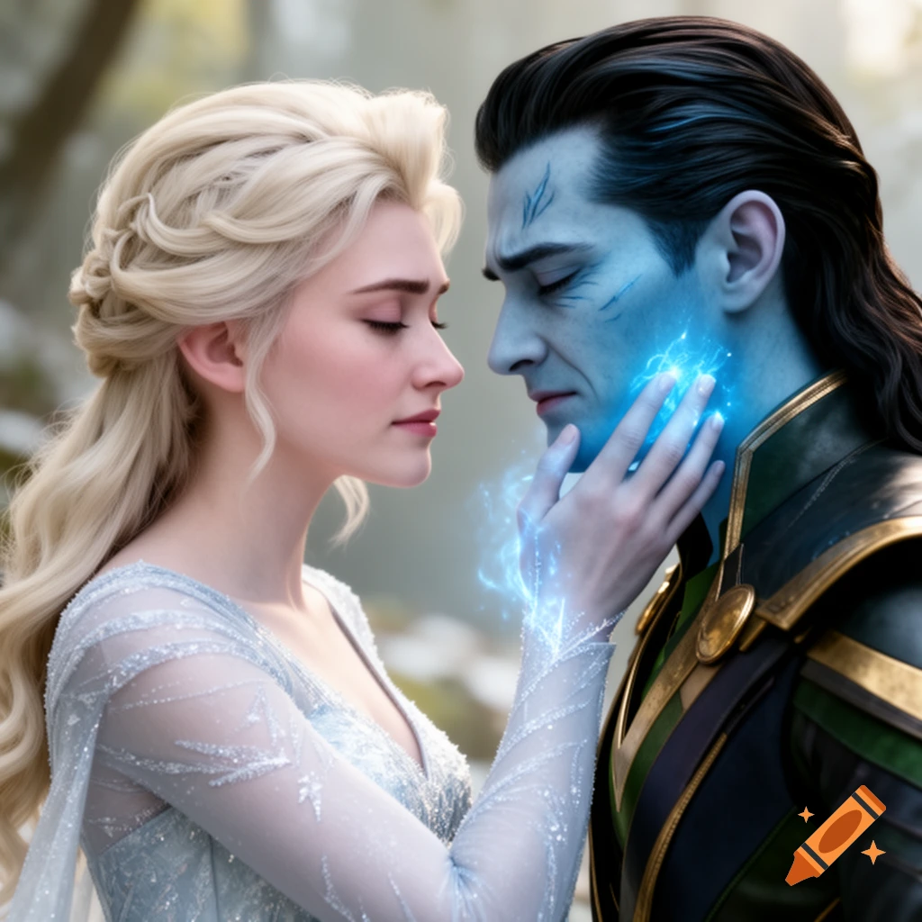Elsa gently touches Loki's blue cheek, where blue magic emanates, revealing his frost giant form in a cinematic style.