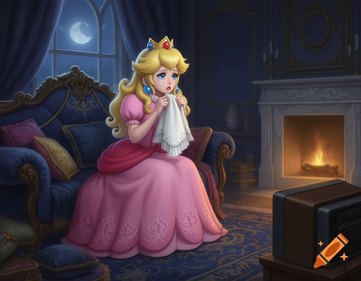Princess Peach in a pink gown cries while sitting on a blue couch at night, wiping tears with a handkerchief, watching TV by a fireplace.