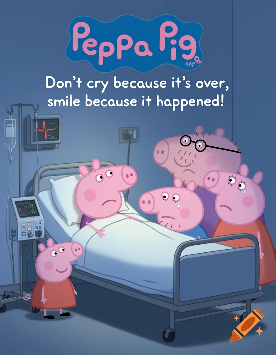 Peppa Pig lies in a hospital bed with a heart monitor while her family, Mummy Pig, Daddy Pig, and George Pig, cry around her. Text reads: "Peppa Pig. Don't cry because it's over, smile because it happened!"