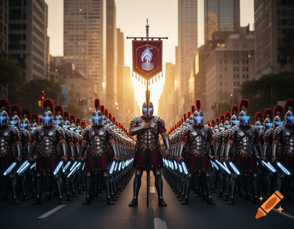 A futuristic Roman legion marches down a city street at sunset, soldiers in chrome armor with glowing blue masks and swords.
