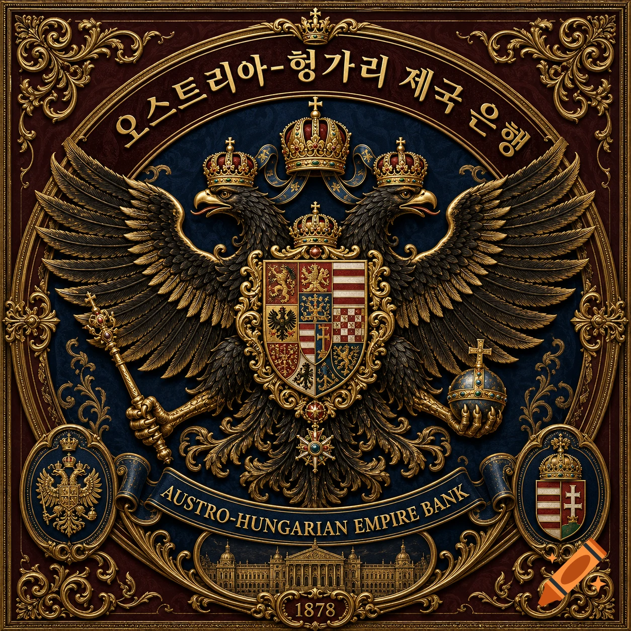 Highly ornate gold and blue Austro-Hungarian Empire Bank emblem with a double-headed eagle, crowns, shield, and text.