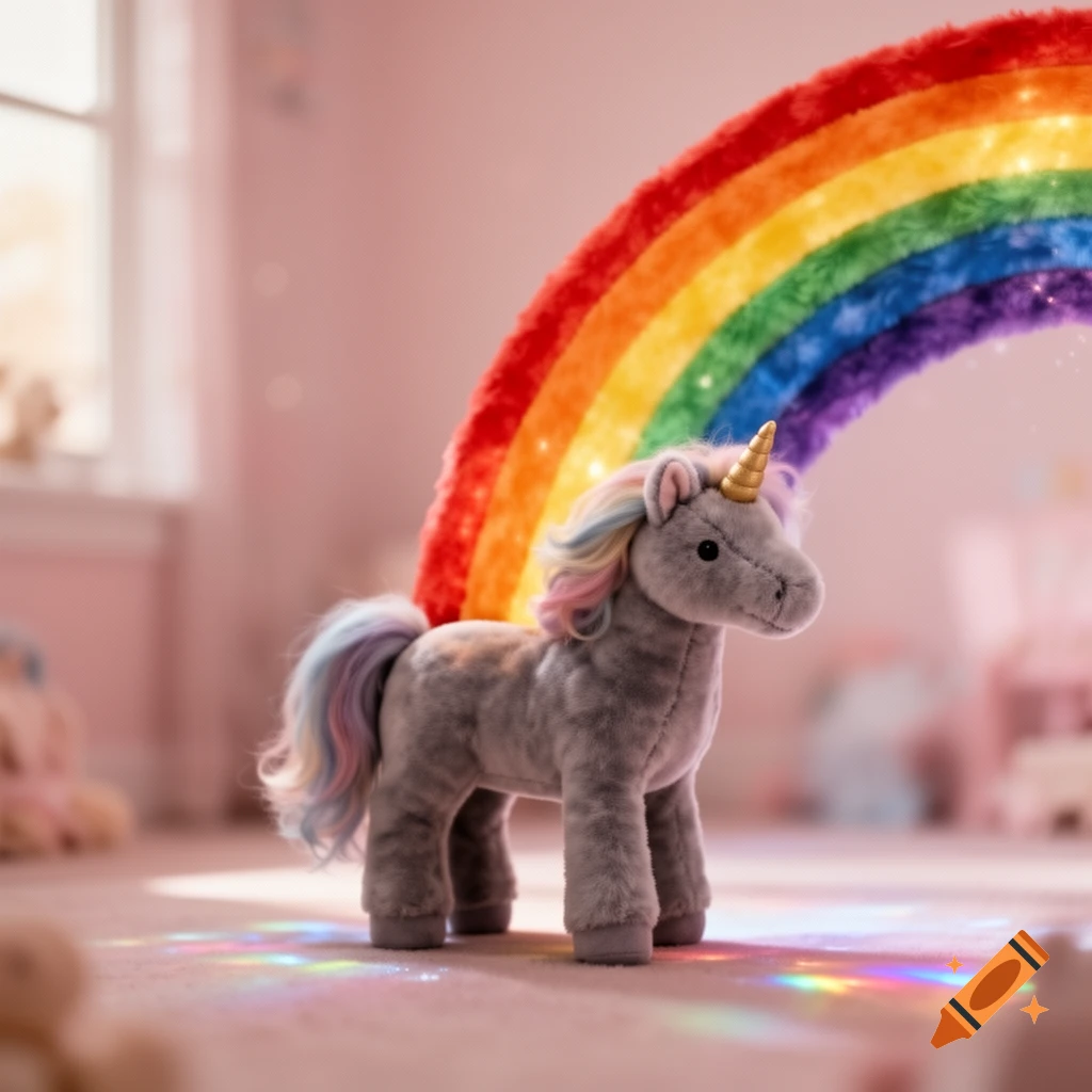 A gray unicorn plush toy with a rainbow mane and tail stands in a pink room, with a large vibrant rainbow arching behind it.