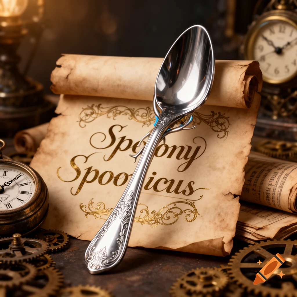 A detailed silver spoon resting on a vintage scroll with 'Spoony Spoonicus' text, surrounded by steampunk gears and antique clocks.