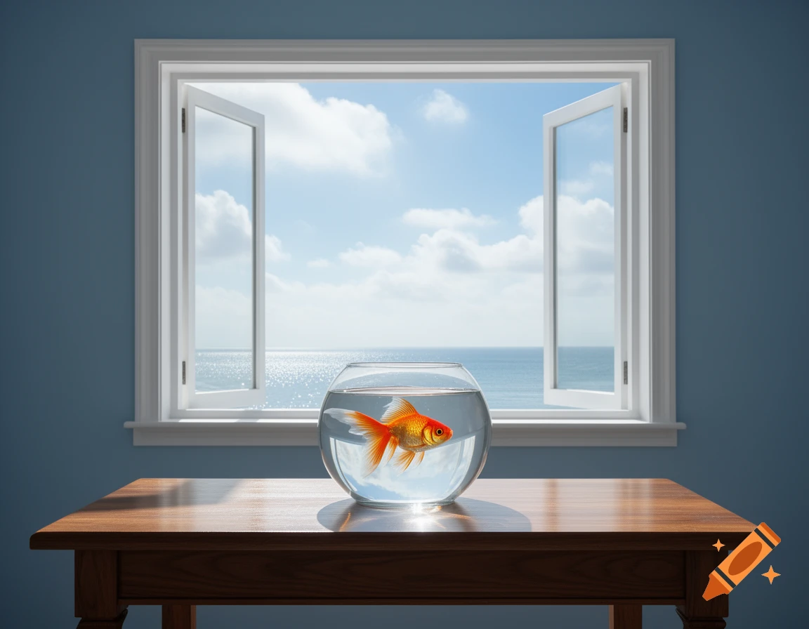 A goldfish in a bowl on a wooden table, looking out an open window at the blue sky and ocean.