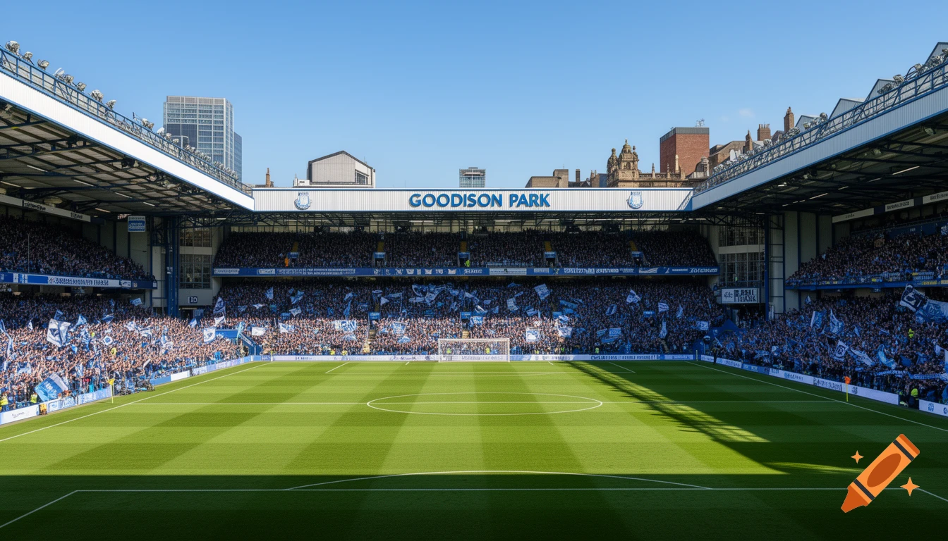 A wide shot of Goodison Park football stadium filled with cheering fans, a green pitch, and a clear blue sky.