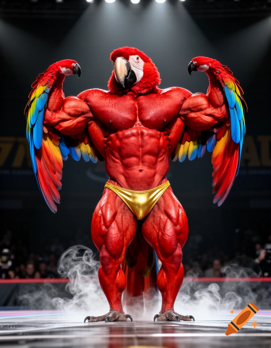 A muscular anthropomorphic red parrot bodybuilder with colorful wings in a gold posing suit on a smoky stage.