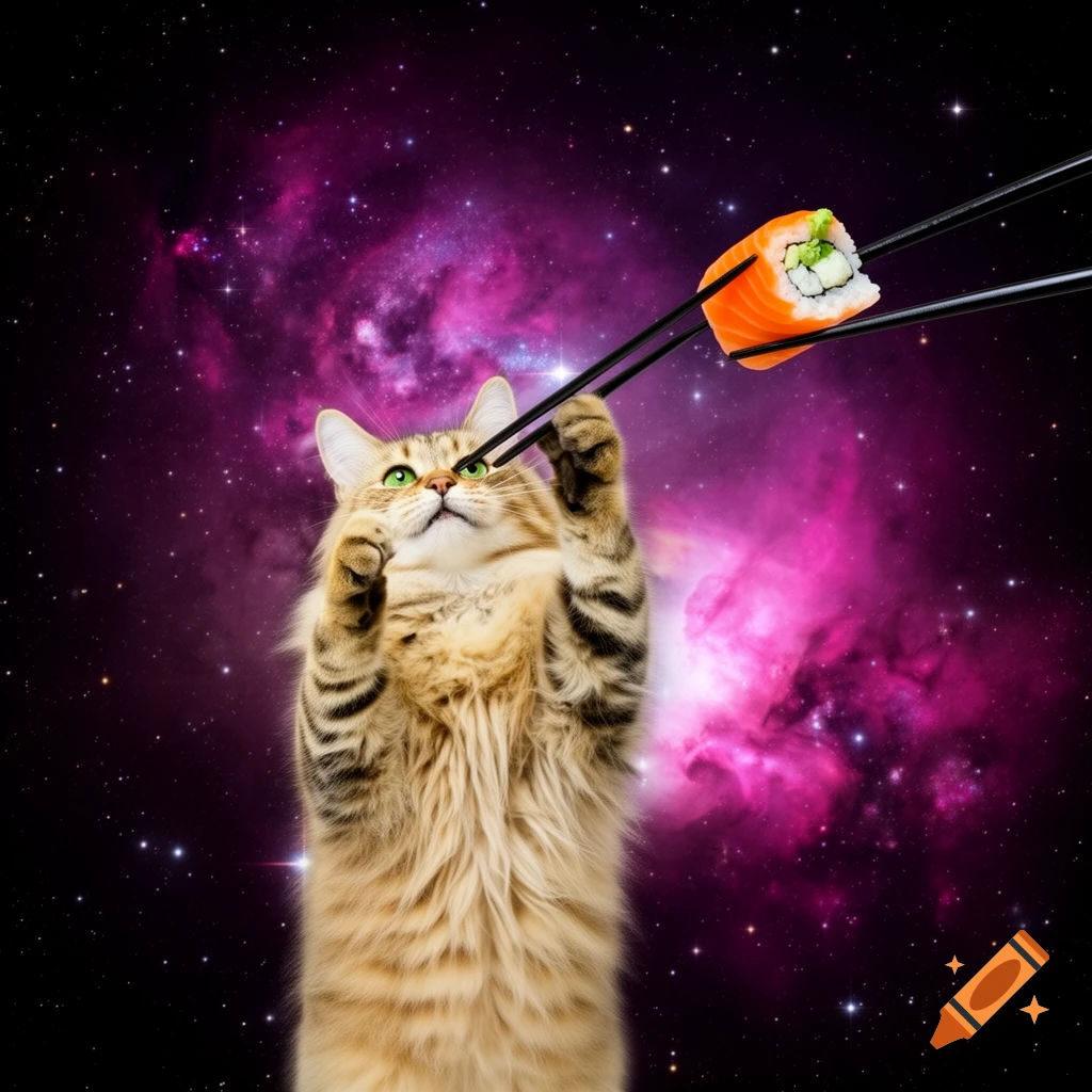 A fluffy tabby cat reaching for sushi held by chopsticks against a vibrant purple nebula and star-filled space background.