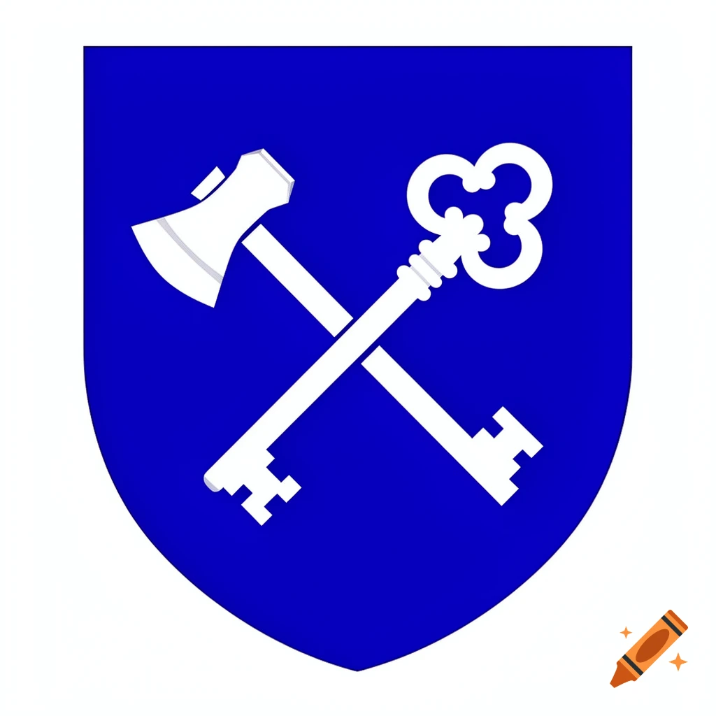 A blue heraldic shield with a white axe and key crossed diagonally.