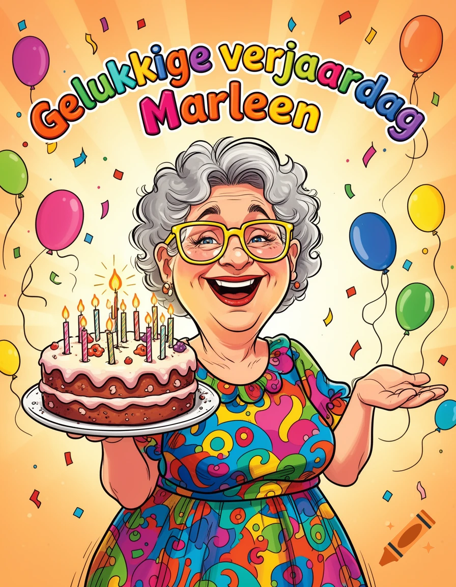 Cheerful cartoon woman holding a birthday cake, surrounded by balloons and confetti, with 'Gelukkige verjaardag Marleen' text.