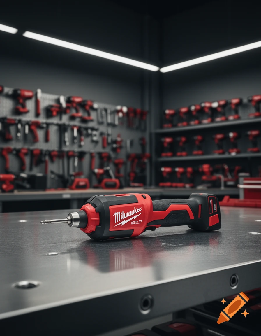 A red and black Milwaukee power tool, possibly a drill or driver, rests on a metal workbench in a blurred workshop full of tools.