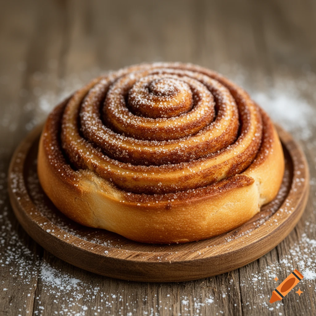 A photorealistic cinnamon roll with powdered sugar on a round wooden plate, on a rustic wooden table.