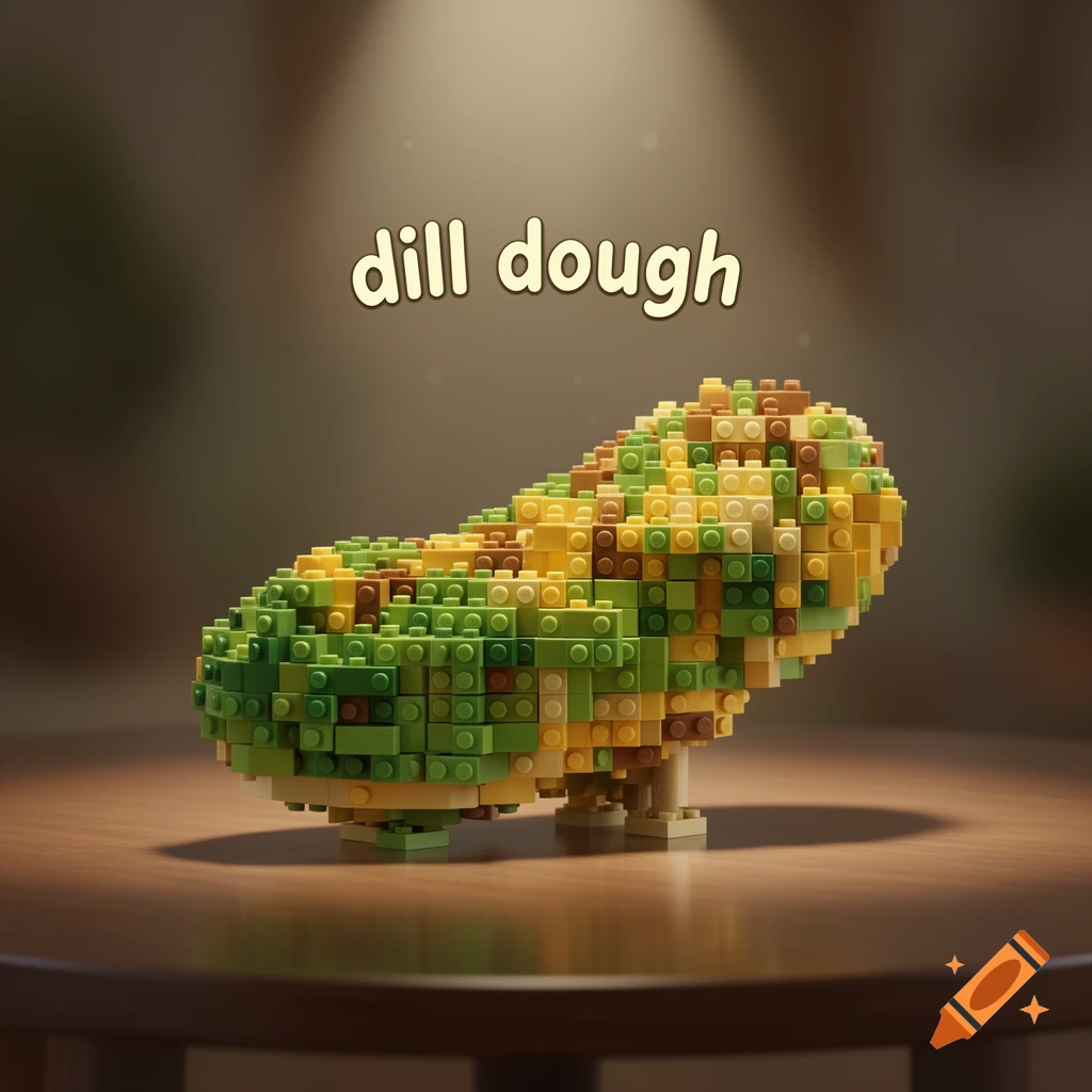 A Lego-style pickle made of green, yellow, and brown bricks sits on a wooden table, with the words 'dill dough' floating above it.