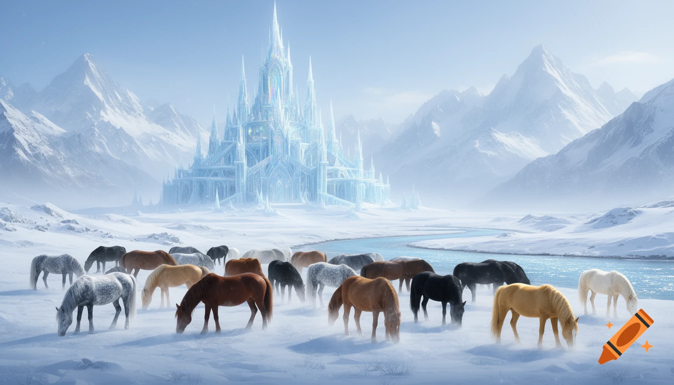 A herd of horses grazes in a snowy valley before a glistening ice palace, flanked by majestic snow-capped mountains and a winding river.