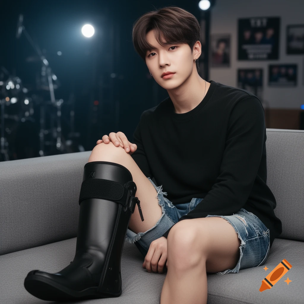 Photorealistic portrait of a young man from the TXT group, wearing a black long-sleeve shirt, denim shorts, and a black leg brace, sitting on a grey couch.