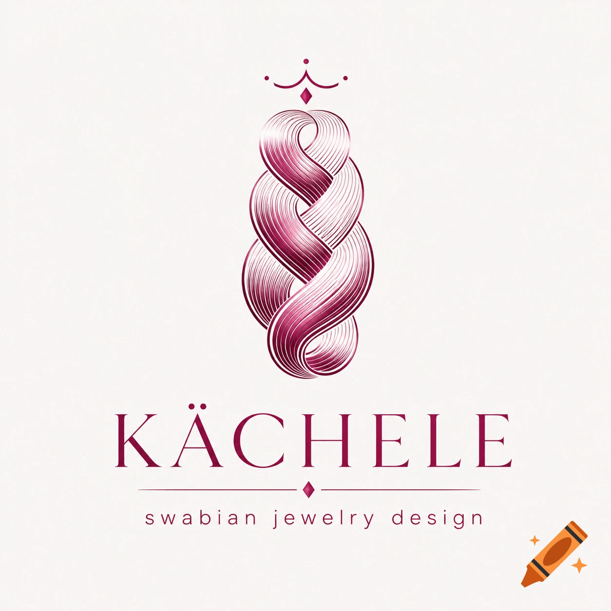Modern minimalist logo featuring a stylized magenta braided motif with a small crown, text "KÄCHELE swabian jewelry design".