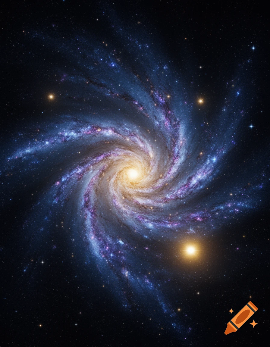 A vibrant spiral galaxy with a bright yellow core and glowing blue and purple arms, set against a dark, star-filled cosmic background.