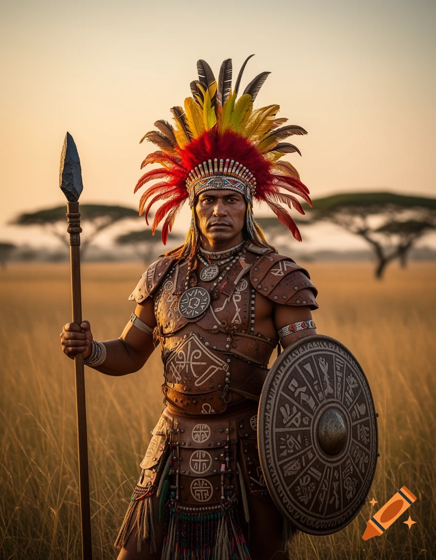A male warrior in ornate feathered headdress and leather armor stands in a savanna, holding a spear and shield at sunset.
