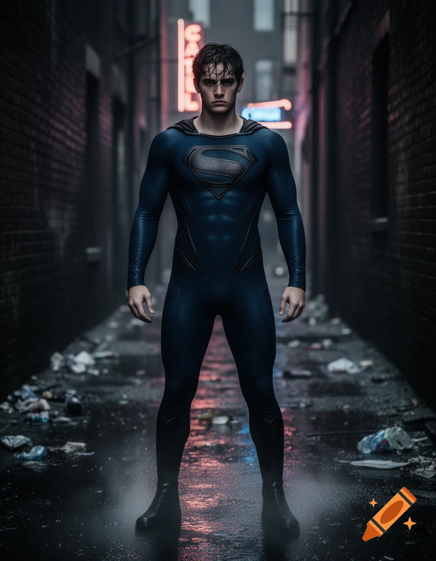 A photorealistic image of a young Superboy in a dark blue suit, standing in a wet, trash-strewn alley with neon lights in the background.